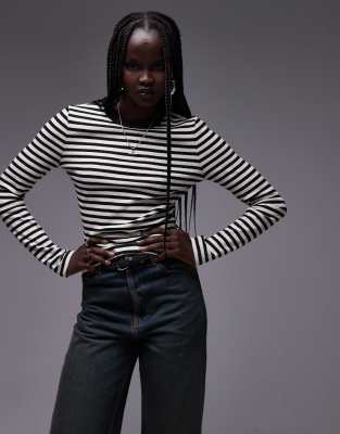topshop striped scoop neck long sleeve t-shirt in monochrome