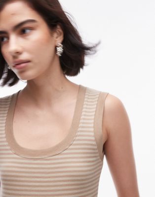 Topshop Striped Scoop Neck Tank Top In Stone-neutral