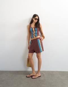 Model wearing Striped shorts co-ord in chocolate