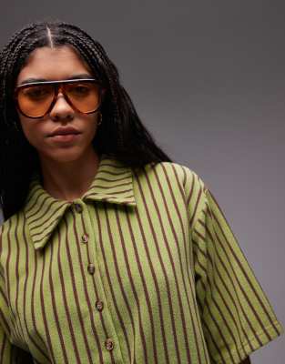 Topshop Striped Terrycloth Boxy Polo In Green
