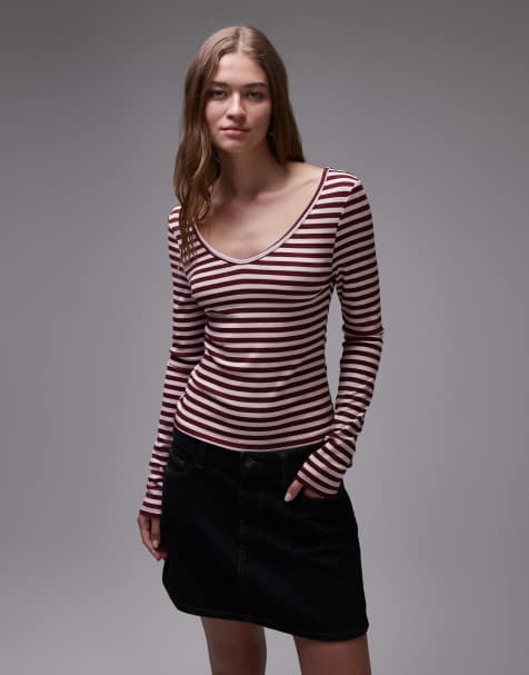 Topshop striped v-neck top in pink and burgundy - view 1