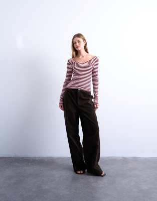 Topshop Striped V-neck Top In Brown