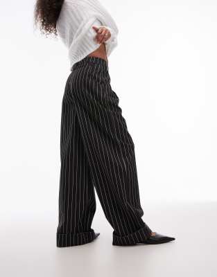 Topshop Striped Wide Leg Turn-back Hem Pants In Black