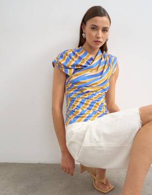 Topshop striped wrap front ruched top in multi-Green