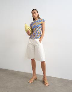 Model wearing Striped wrap front ruched top in multi