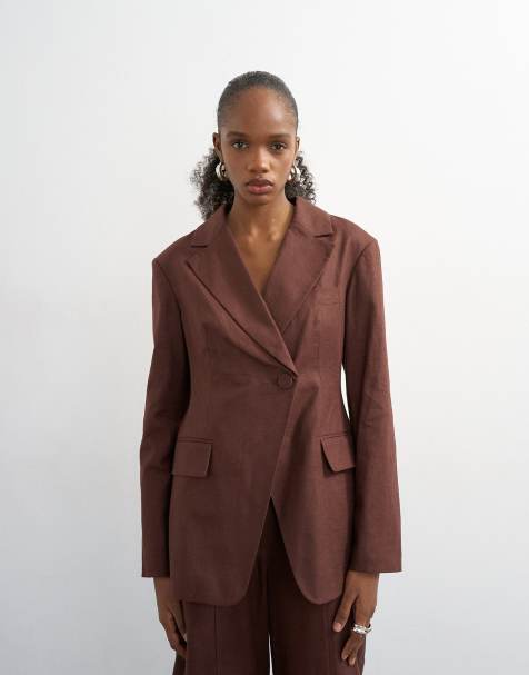 Topshop strong shoulders cinched waist occasion blazer in chocolate - part of a set - view 1