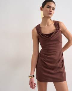 Model wearing Structured drape mini dress in chocolate
