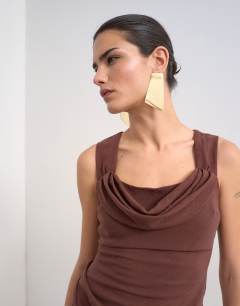 Model wearing Structured drape mini dress in chocolate