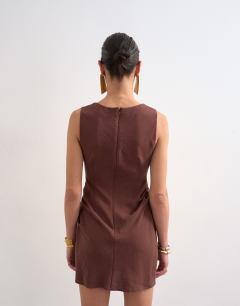 Model wearing Structured drape mini dress in chocolate