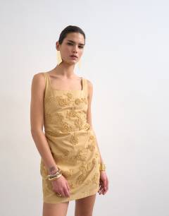 Structured drape mini dress with 3D flowers in beige