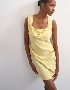 Model wearing Structured drape mini linen dress in soft lime