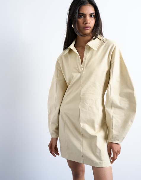 Topshop structured rugby collar mini dress in beige - view 1