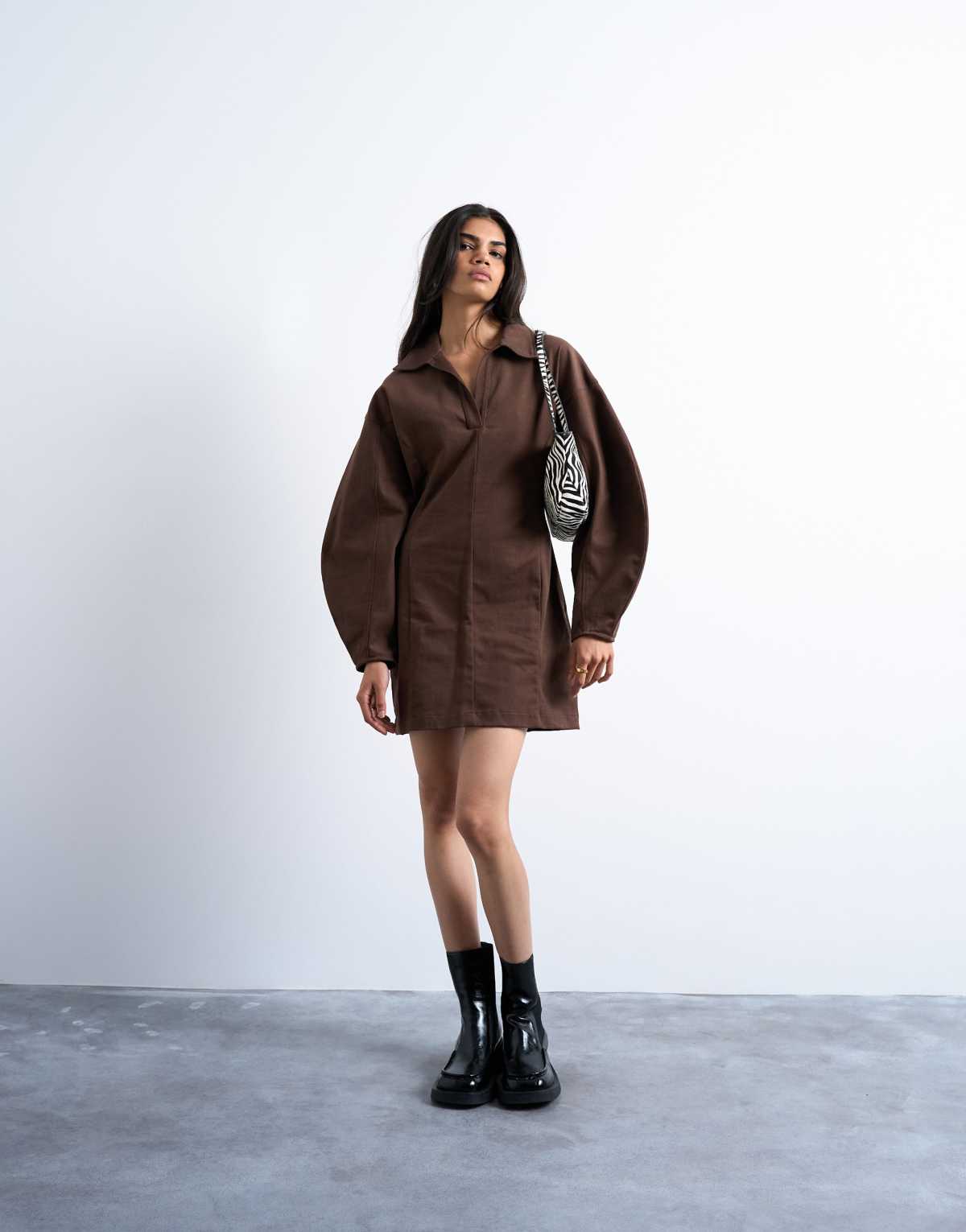 Topshop structured rugby collar mini dress in chocolate