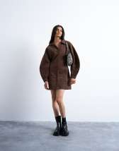 Topshop structured rugby collar mini dress in chocolate