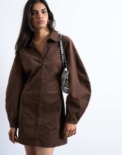 Model wearing Structured rugby collar mini dress in chocolate