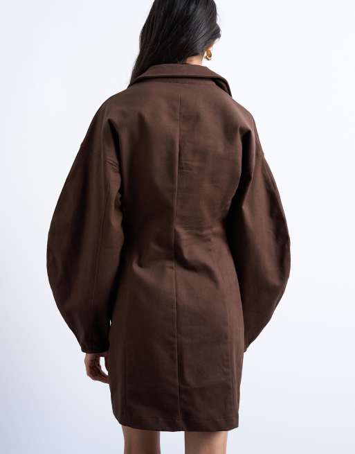 Topshop structured rugby collar mini dress in chocolate, 3 of 4