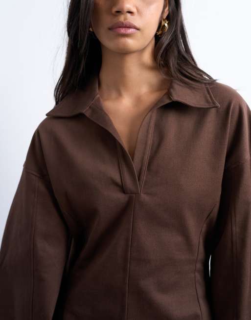 Topshop structured rugby collar mini dress in chocolate