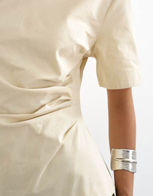 Topshop structured short sleeve ruched side top in stone, 2 of 4