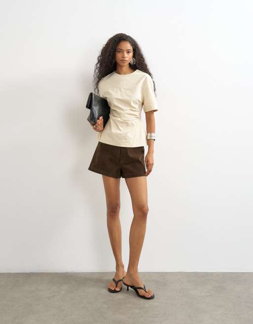 Topshop structured short sleeve ruched side top in stone, 3 of 4