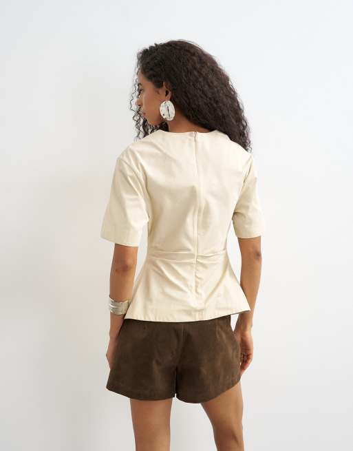 Topshop structured short sleeve ruched side top in stone, 4 of 4