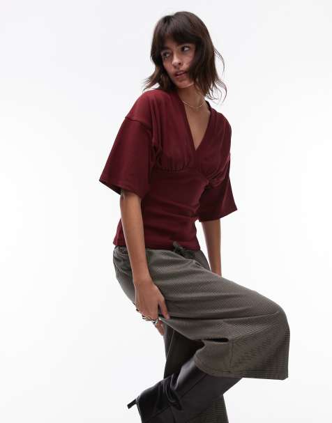 Topshop structured short sleeve top in burgundy - view 1