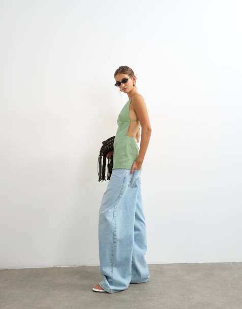 Topshop structured strappy back longline top in sage - view 1