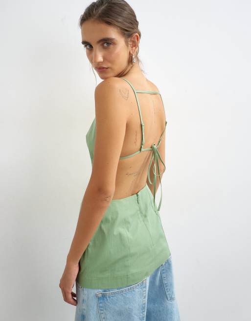 Topshop structured strappy back longline top in sage, 2 of 4