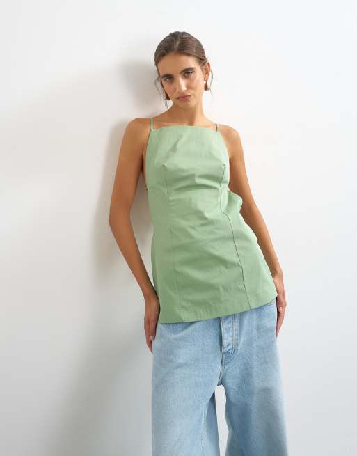 Topshop structured strappy back longline top in sage, 3 of 4