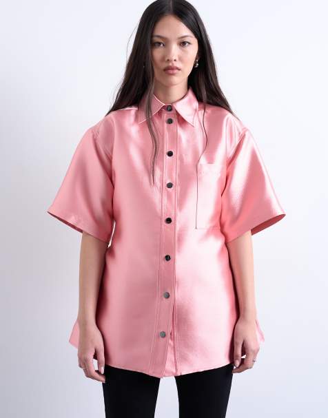 Topshop structured taffeta shirt in pink - view 1