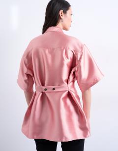 Model wearing Structured taffeta shirt in pink