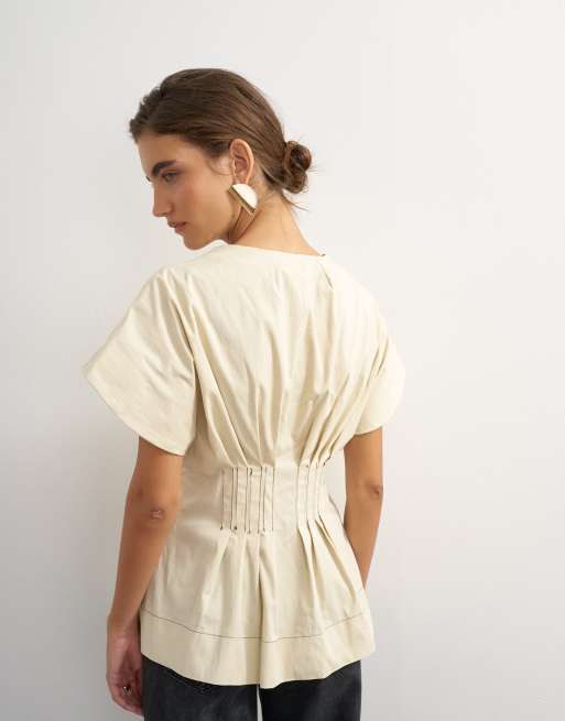 Topshop strukturerad peplum-topp med veckade detaljer i stenfärg, 3 av 4