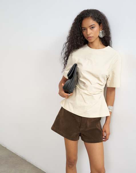 Topshop struktureret top med korte ærmer og rynket side i beige - view 1