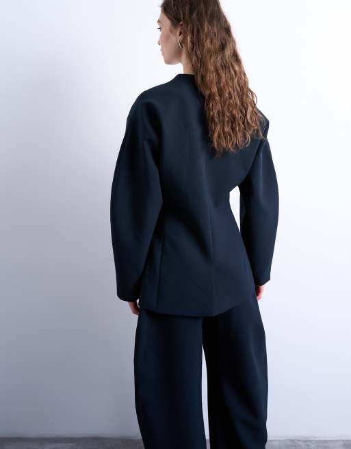 Topshop – Strukturierter Blazer in Marineblau ohne Revers, 4 von 4