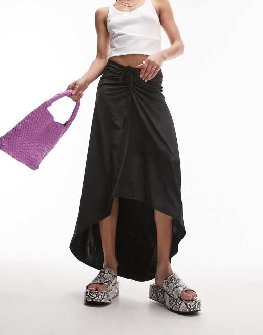 Topshop – Strukturierter, figurbetonter Jersey-Midirock in Schwarz mit geraffter Vorderseite