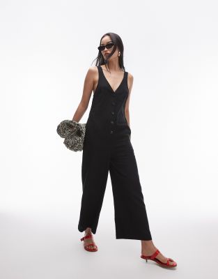 Topshop - Strukturierter Leinen-Jumpsuit in Schwarz mit Knopfleiste