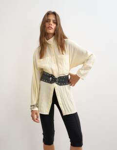 Model wearing Studded real leather chunky belt in black