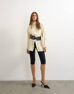 Model wearing Studded real leather chunky belt in black