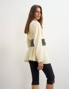 Model wearing Studded real leather chunky belt in black