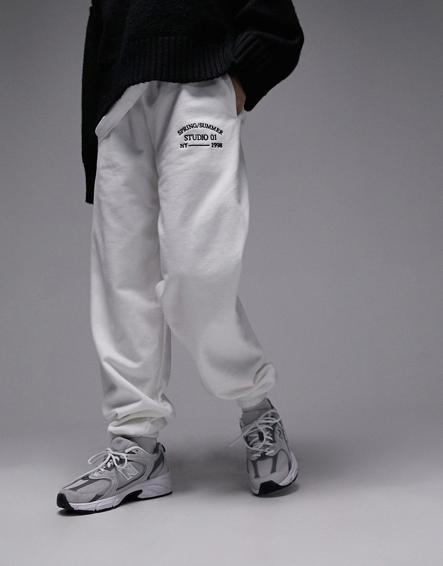 Studio 01 embroidered vintage wash oversized cuffed sweatpants in white - part of a set