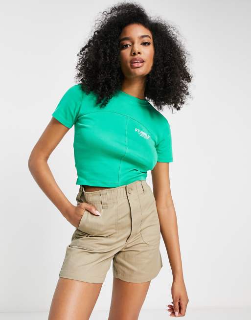 Topshop – Studio – Zielony obcisły T-shirt z ozdobnym szwem