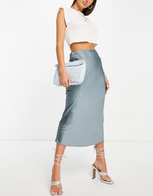 Topshop - Støvet blå midinederdel i satin med asymmetrisk snit, 4 af 4