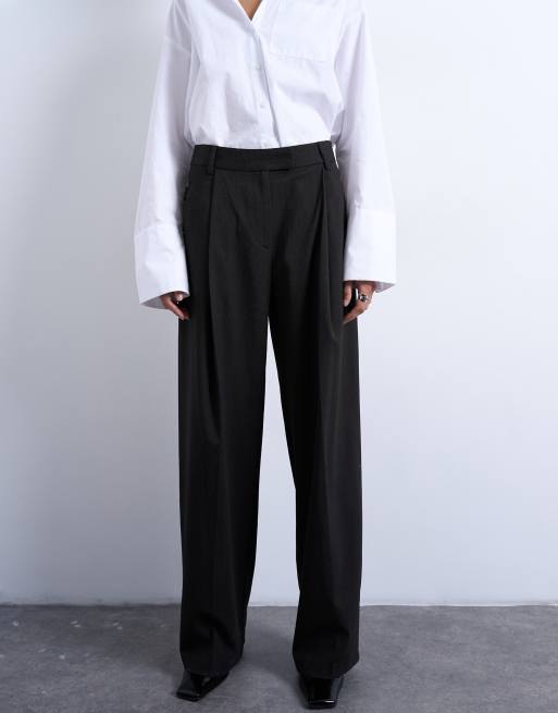 Topshop subtle pinstripe low rise buckle detail pants in dark chocolate (Part of a set)