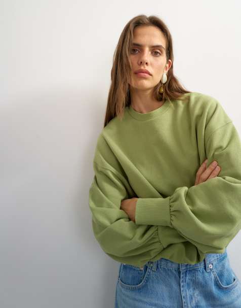 Topshop - sudadera con bajo abullonado en verde salvia lavado - view 1