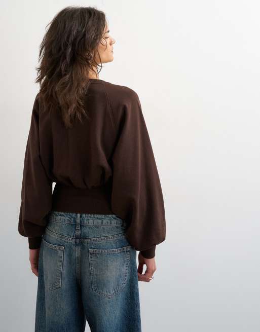 Topshop - Sudadera marrón chocolate fruncida con cintura entallada y mangas raglán, 3 de 4