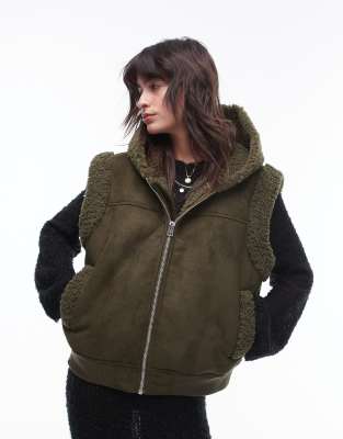 Topshop suede gilet in khaki-Green