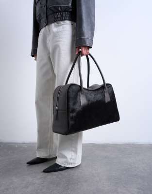 Topshop - Suki - Bowler-Schultertasche aus Echtleder in Ponyfell-Optik in Schokobraun-Brown