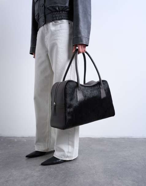 Topshop Suki hair on real leather shoulder bowler bag in chocolate - view 1