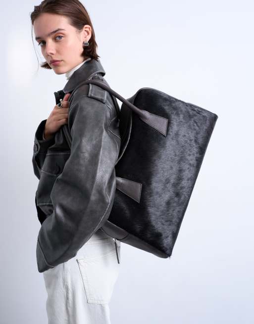 Topshop Suki real leather shoulder bowler bag in chocolate pony