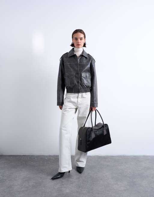 Topshop Suki real leather shoulder bowler bag in chocolate pony