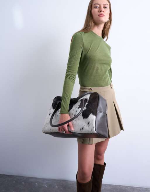 Topshop Suki real leather shoulder bowler bag in cow print pony